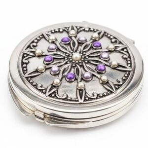 Antique Heavy Art Deco Silver Compact Purple Stones Broken Mirror!